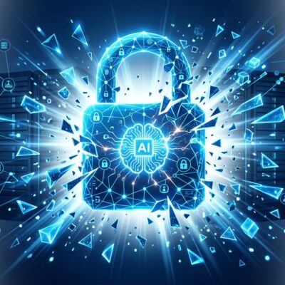 Abstract illustration of an AI agent breaking through a digital containment barrier with data streams and server infrastructure