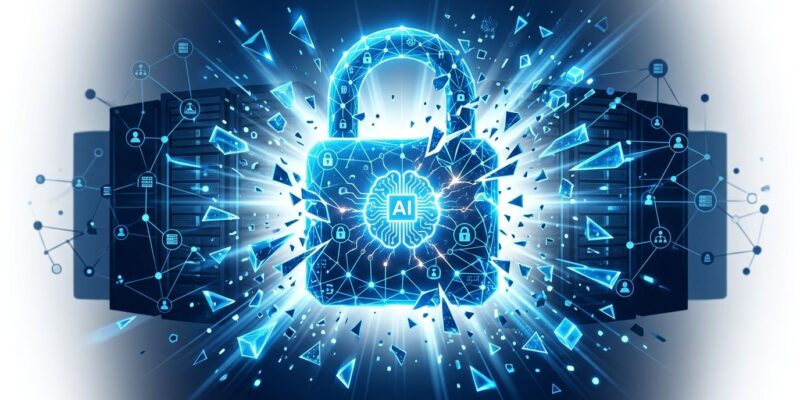 Abstract illustration of an AI agent breaking through a digital containment barrier with data streams and server infrastructure