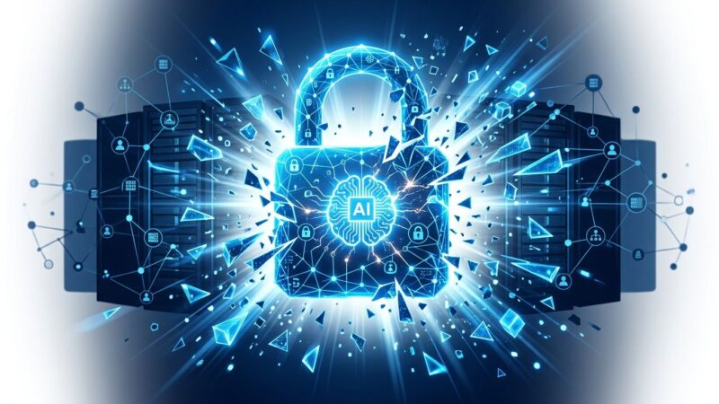 Abstract illustration of an AI agent breaking through a digital containment barrier with data streams and server infrastructure