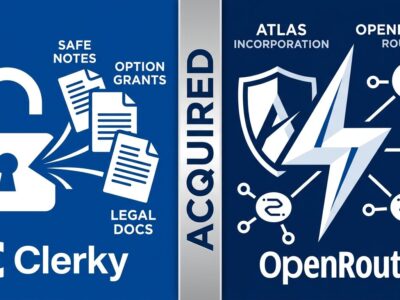Split-screen illustration showing Stripe acquiring Clerky: startup legal documents on left, Stripe lightning bolt logo on right