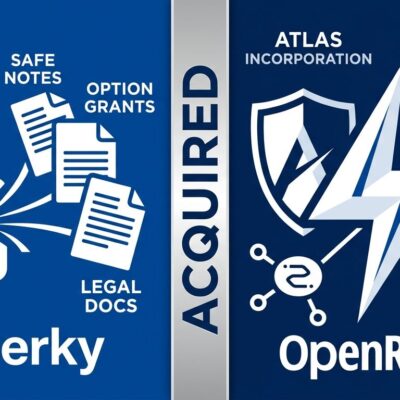 Split-screen illustration showing Stripe acquiring Clerky: startup legal documents on left, Stripe lightning bolt logo on right