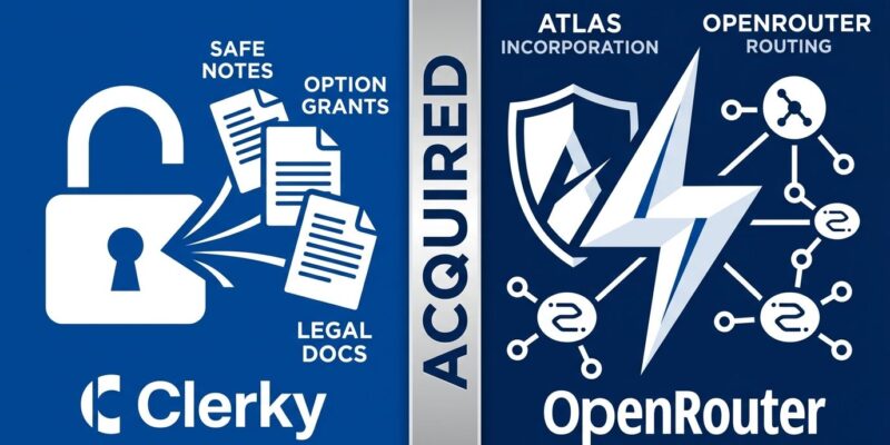 Split-screen illustration showing Stripe acquiring Clerky: startup legal documents on left, Stripe lightning bolt logo on right