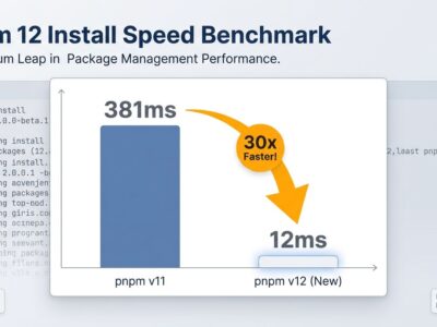 Bar chart comparing pnpm cached install times: 381ms before vs 12ms with pnpm 12 Rust rewrite
