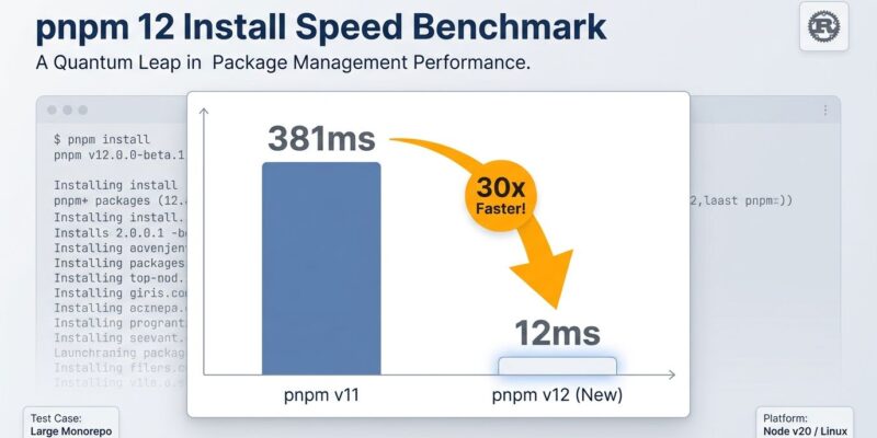 Bar chart comparing pnpm cached install times: 381ms before vs 12ms with pnpm 12 Rust rewrite