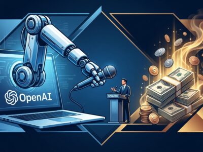 Robotic AI arm posing as journalist with OpenAI logo and political dollar bills symbolizing AI-funded fake news operation