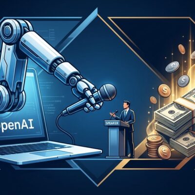 Robotic AI arm posing as journalist with OpenAI logo and political dollar bills symbolizing AI-funded fake news operation