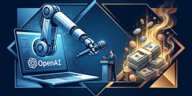 Robotic AI arm posing as journalist with OpenAI logo and political dollar bills symbolizing AI-funded fake news operation