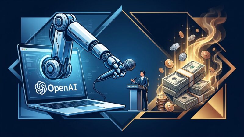 Robotic AI arm posing as journalist with OpenAI logo and political dollar bills symbolizing AI-funded fake news operation