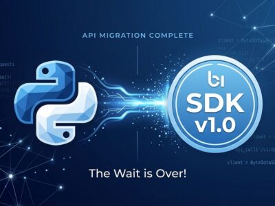 Python snake logo transforming into SDK v1.0 badge with code migration visualization on dark blue background