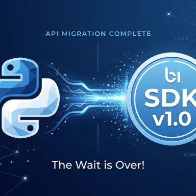 Python snake logo transforming into SDK v1.0 badge with code migration visualization on dark blue background
