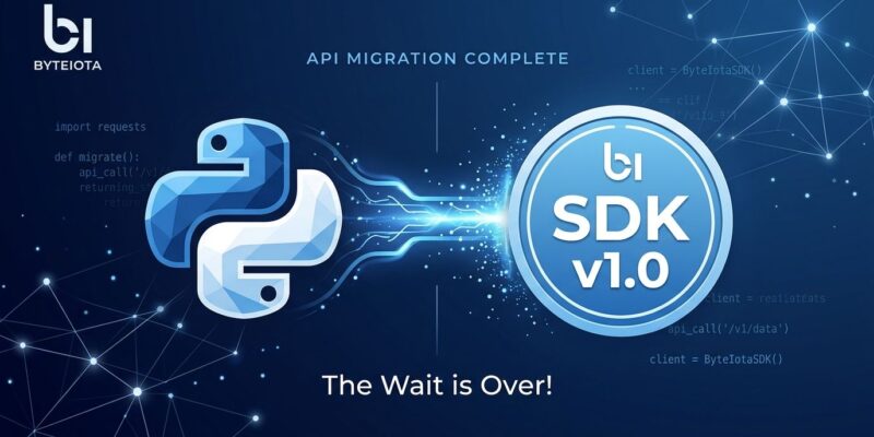 Python snake logo transforming into SDK v1.0 badge with code migration visualization on dark blue background