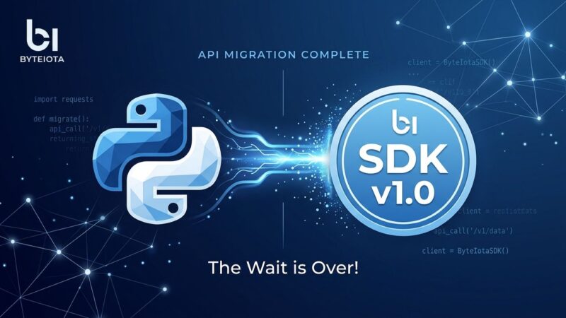Python snake logo transforming into SDK v1.0 badge with code migration visualization on dark blue background
