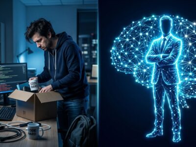 Developer packing desk beside glowing AI executive neural network - OpenExecutive open source project