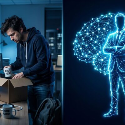 Developer packing desk beside glowing AI executive neural network - OpenExecutive open source project