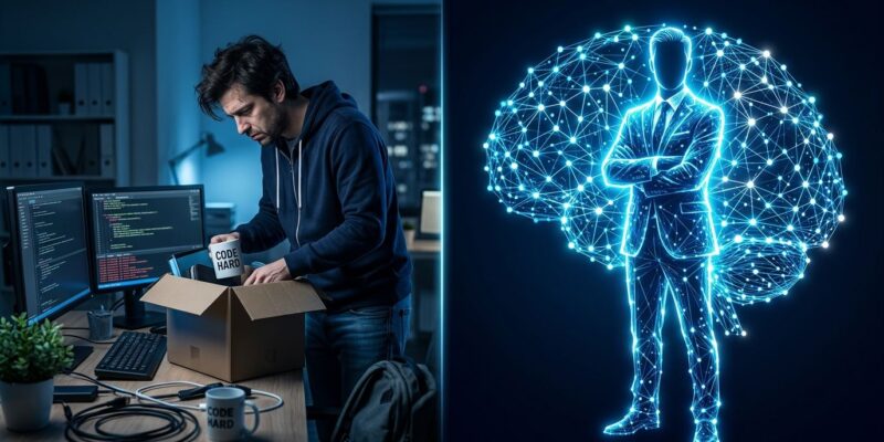 Developer packing desk beside glowing AI executive neural network - OpenExecutive open source project