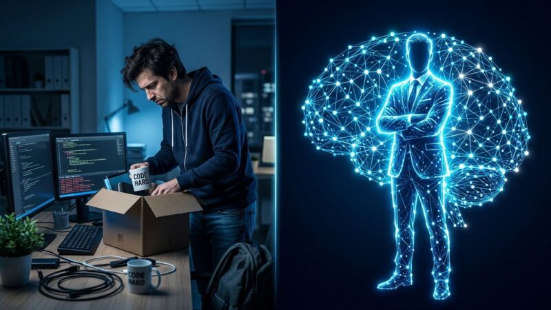 Developer packing desk beside glowing AI executive neural network - OpenExecutive open source project
