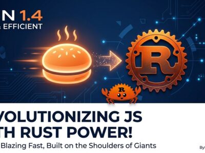 Bun 1.4 JavaScript runtime Rust rewrite illustration showing orange bun icon and Rust gear symbol on blue background