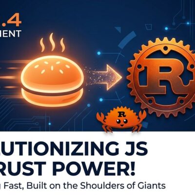 Bun 1.4 JavaScript runtime Rust rewrite illustration showing orange bun icon and Rust gear symbol on blue background