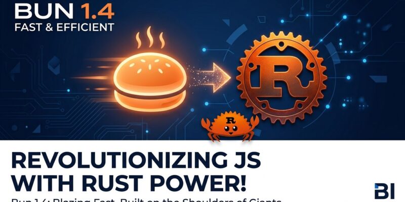 Bun 1.4 JavaScript runtime Rust rewrite illustration showing orange bun icon and Rust gear symbol on blue background