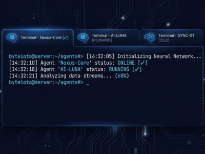 Dark terminal window with multiple tabs showing AI agent interface and blue command line text on navy background