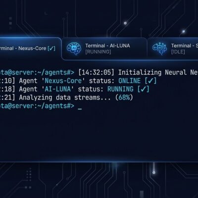 Dark terminal window with multiple tabs showing AI agent interface and blue command line text on navy background