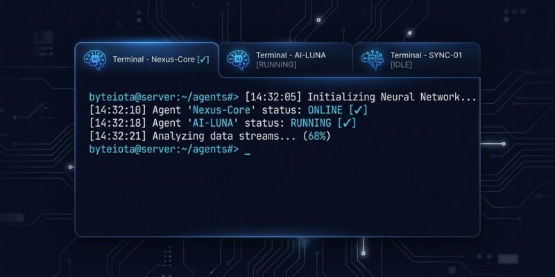 Dark terminal window with multiple tabs showing AI agent interface and blue command line text on navy background