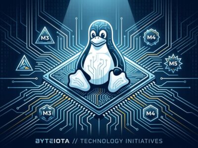 Linux Tux penguin overlaid on Apple Silicon chip die with circuit traces, representing Asahi Linux progress on M3 M4 M5 hardware support