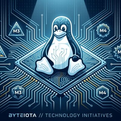 Linux Tux penguin overlaid on Apple Silicon chip die with circuit traces, representing Asahi Linux progress on M3 M4 M5 hardware support