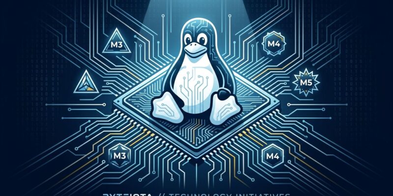 Linux Tux penguin overlaid on Apple Silicon chip die with circuit traces, representing Asahi Linux progress on M3 M4 M5 hardware support