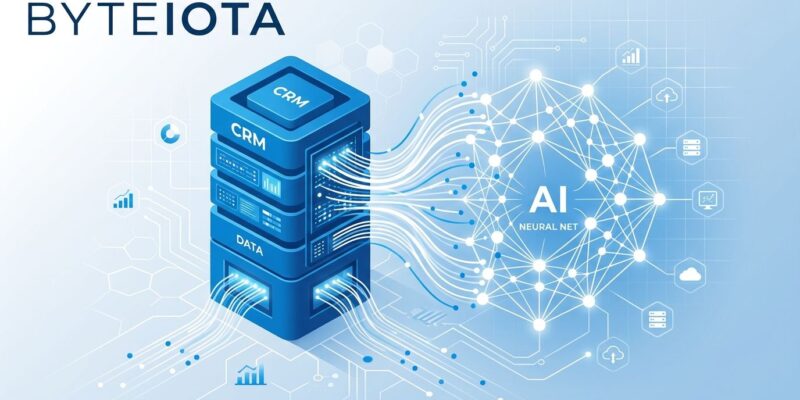 Abstract visualization of Salesforce CRM and Claude AI integration with blue data streams and enterprise nodes