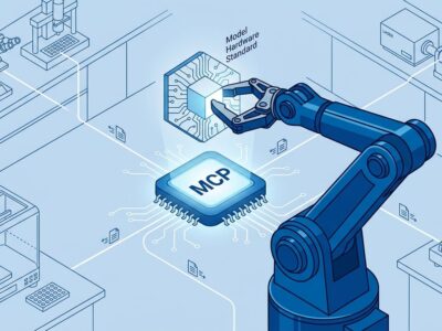 Robotic arm connecting to MCP protocol node representing Anthropic Model Hardware Standard for lab automation