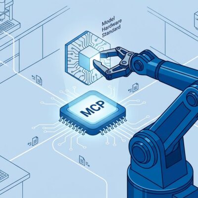 Robotic arm connecting to MCP protocol node representing Anthropic Model Hardware Standard for lab automation