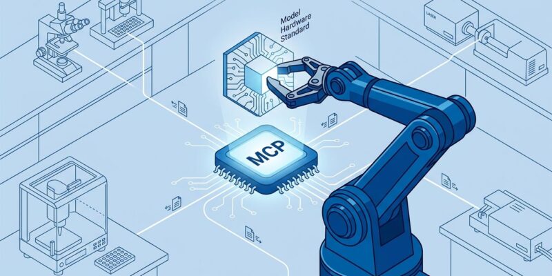 Robotic arm connecting to MCP protocol node representing Anthropic Model Hardware Standard for lab automation