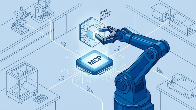 Robotic arm connecting to MCP protocol node representing Anthropic Model Hardware Standard for lab automation