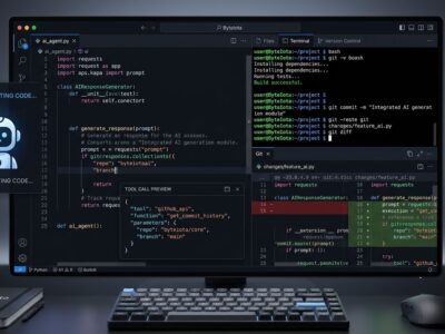 Google Antigravity 2.10 IDE showing embedded terminal and Git Review pane in sidebar