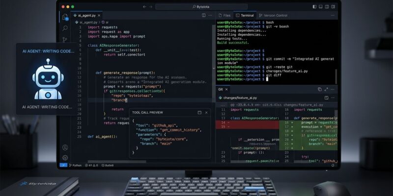Google Antigravity 2.10 IDE showing embedded terminal and Git Review pane in sidebar