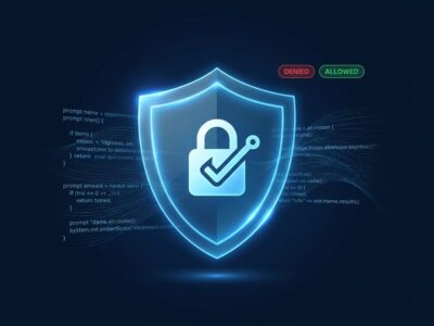 Digital shield with allow and deny badges representing Claude inference hooks DLP security checkpoint for enterprise AI prompts