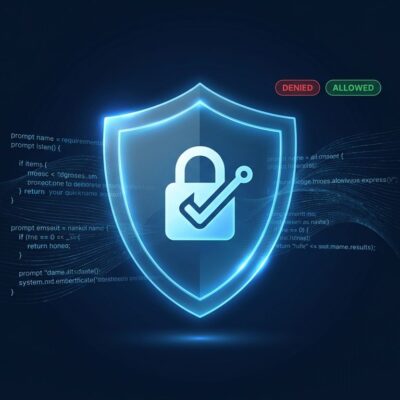 Digital shield with allow and deny badges representing Claude inference hooks DLP security checkpoint for enterprise AI prompts