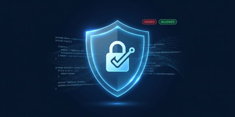 Digital shield with allow and deny badges representing Claude inference hooks DLP security checkpoint for enterprise AI prompts