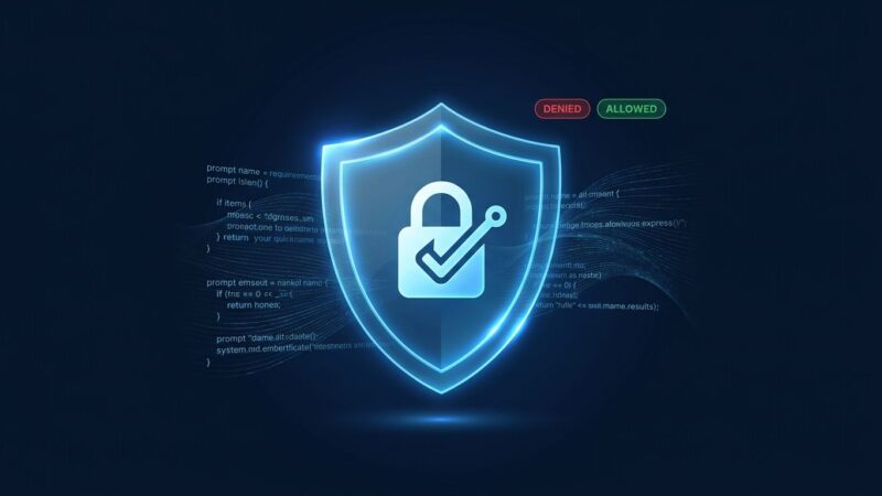 Digital shield with allow and deny badges representing Claude inference hooks DLP security checkpoint for enterprise AI prompts