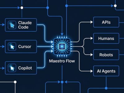 UiPath Maestro Flow coding agent orchestration diagram showing Claude Code, Cursor, and Copilot connecting to enterprise workflows