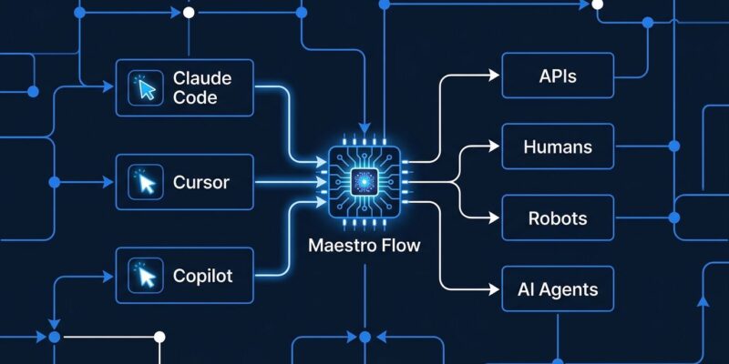 UiPath Maestro Flow coding agent orchestration diagram showing Claude Code, Cursor, and Copilot connecting to enterprise workflows