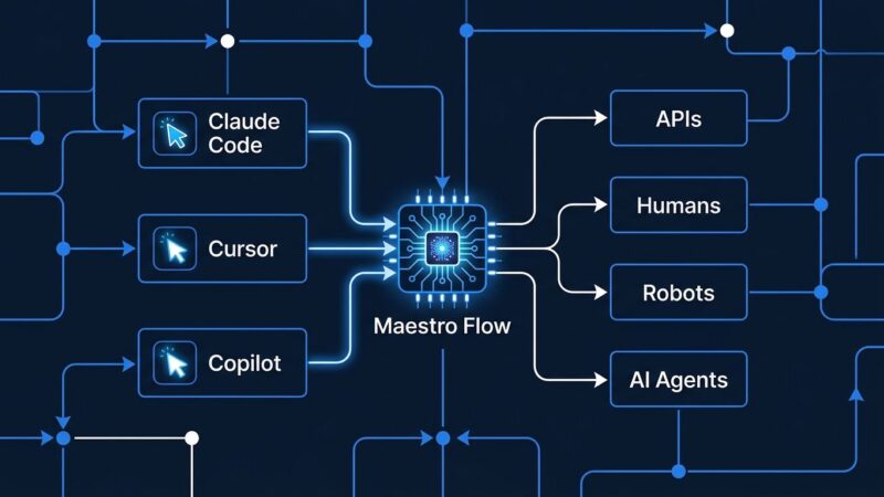 UiPath Maestro Flow coding agent orchestration diagram showing Claude Code, Cursor, and Copilot connecting to enterprise workflows