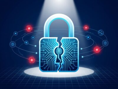 Broken padlock with AI circuit traces and network nodes, representing AI-enabled cyberattacks threatening tech infrastructure