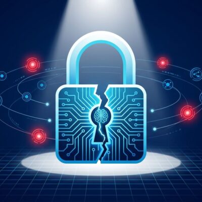 Broken padlock with AI circuit traces and network nodes, representing AI-enabled cyberattacks threatening tech infrastructure