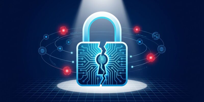Broken padlock with AI circuit traces and network nodes, representing AI-enabled cyberattacks threatening tech infrastructure