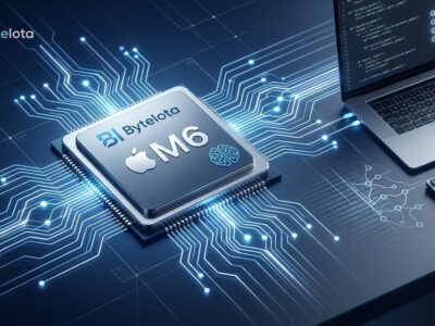 Apple M6 chip with neural network connections representing on-device AI for developers