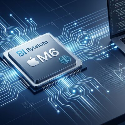 Apple M6 chip with neural network connections representing on-device AI for developers