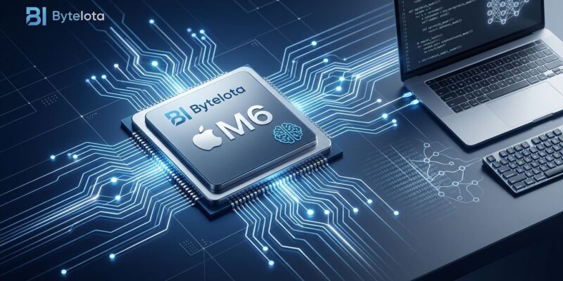 Apple M6 chip with neural network connections representing on-device AI for developers