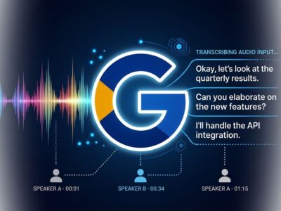 Gemini 3.5 Transcribe API launch illustration showing audio waveforms converting to formatted text with speaker diarization